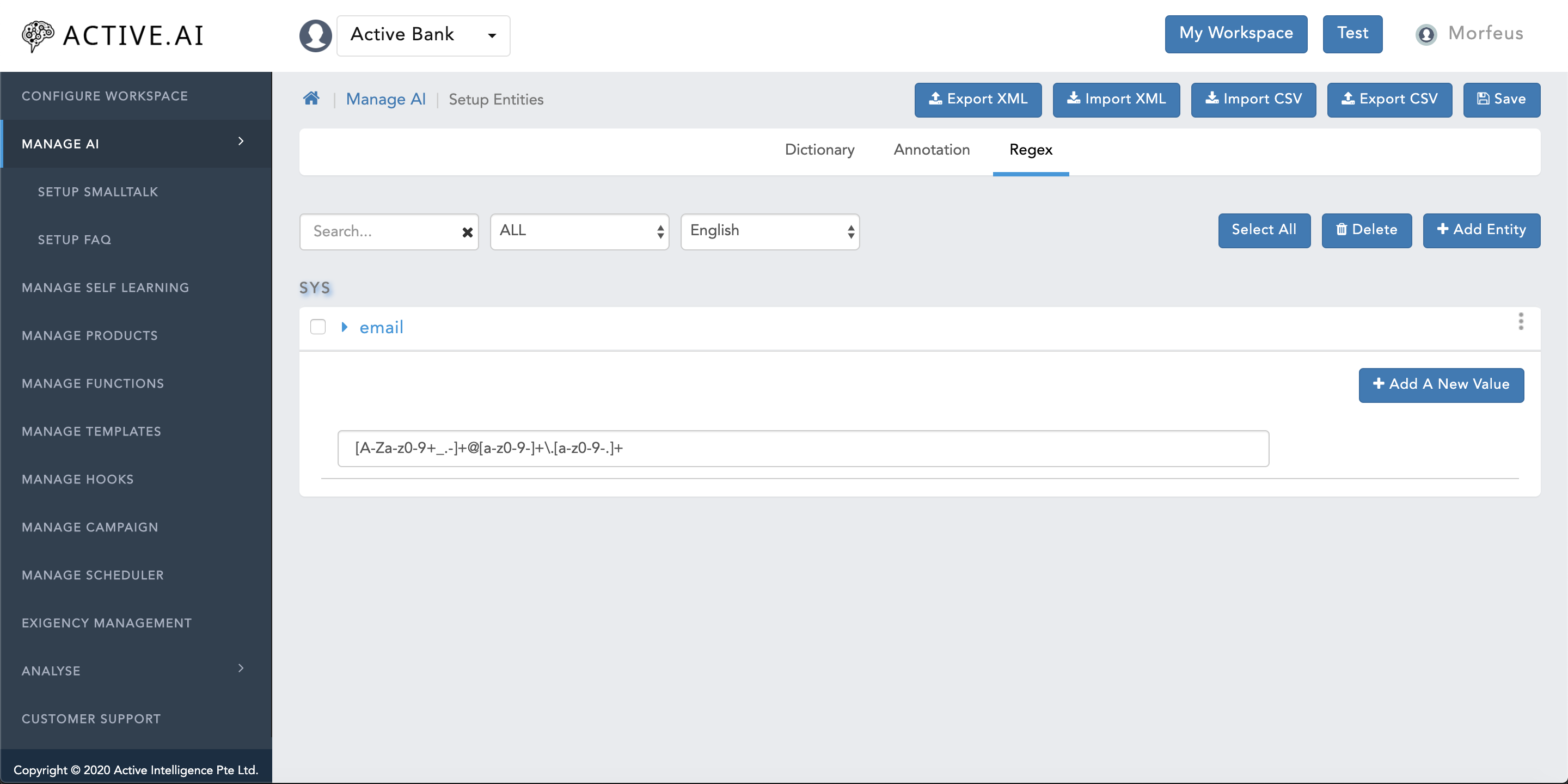 RegEx entity - Manage AI - Setup Entities (post add)