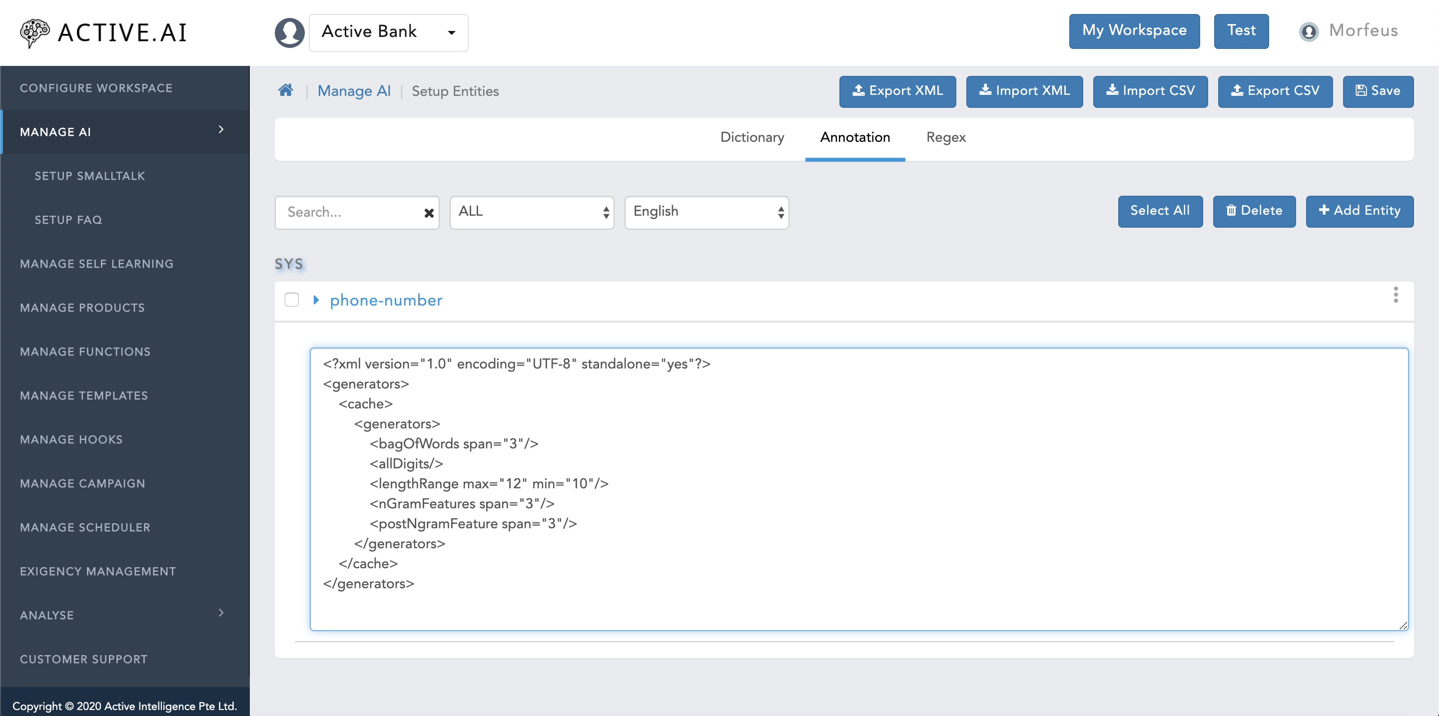 Train entity - Manage AI - Setup Entities (post add)