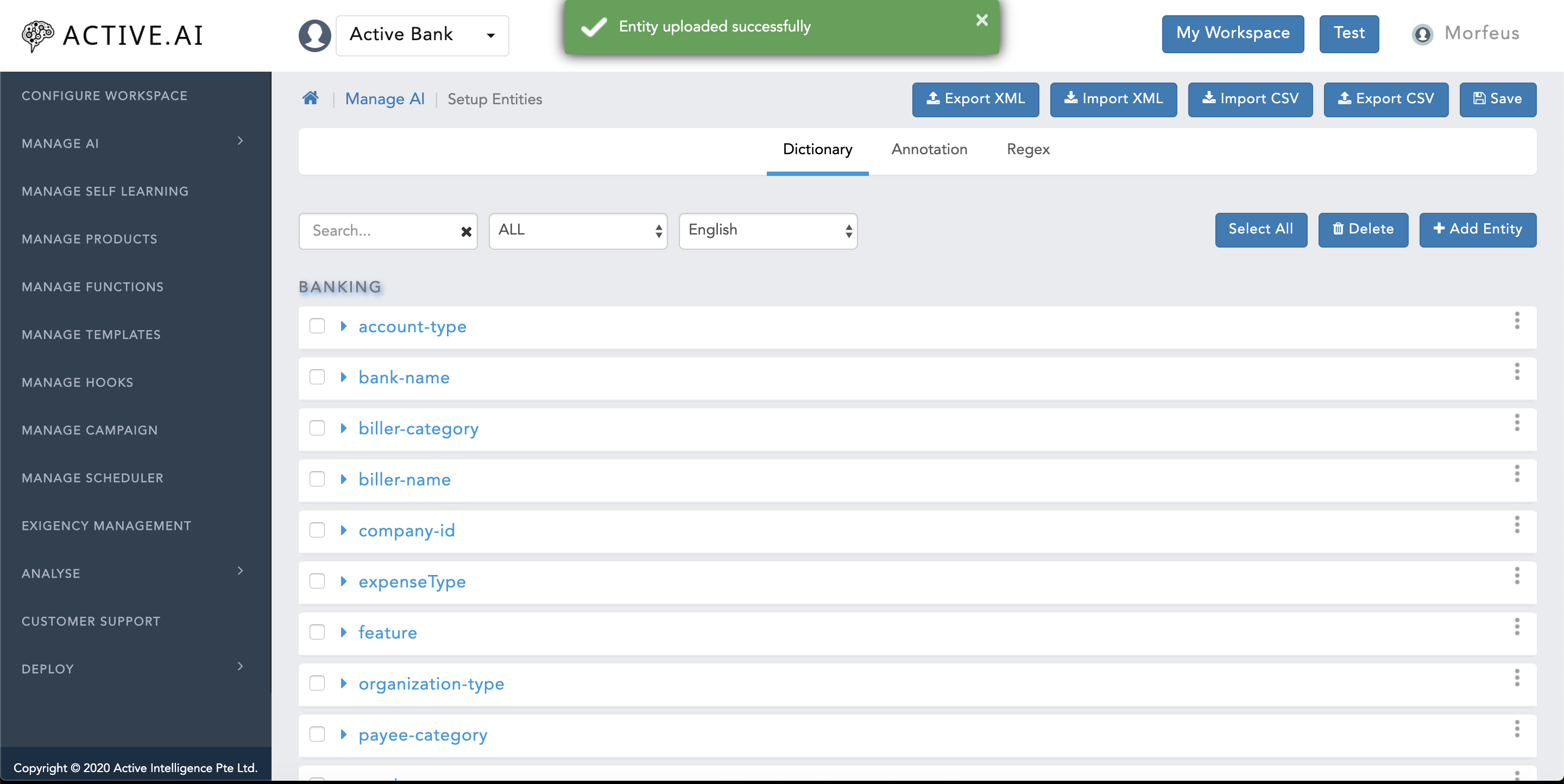 Setup Entities import Entity.xml success screen image