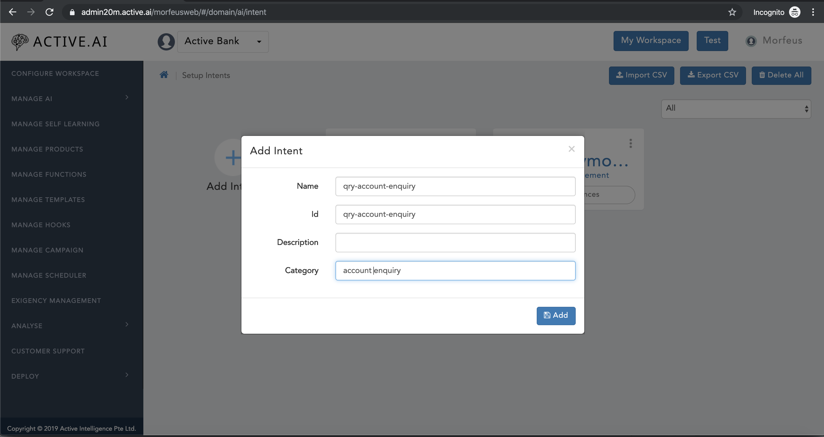 Manage AI - Setup intents - Add New Intent