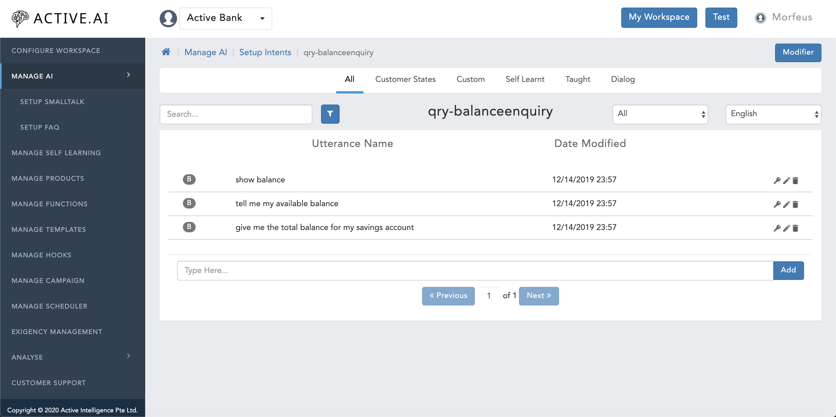 Manage AI - Setup intents - Setup Utterances